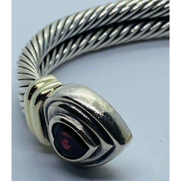 David Yurman 925 & 14KT Yellow Gold Double Cable Garnet Hearts Cuff Bracelet - Picture 6 of 8